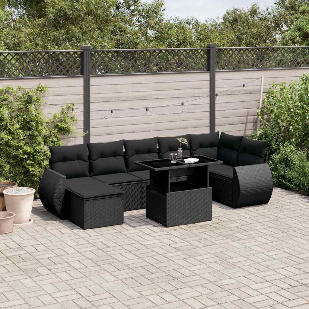 Set Divani da Giardino con Cuscini 8 pz Nero in Polyrattan