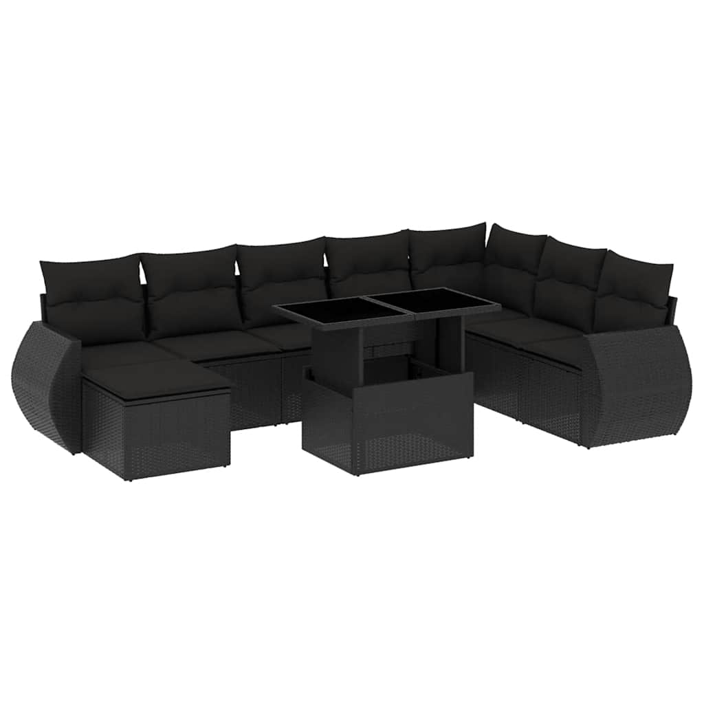 Set Divani da Giardino 9 pz con Cuscini Nero in Polyrattan
