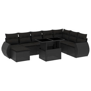 Set Divani da Giardino 9 pz con Cuscini Nero in Polyrattan