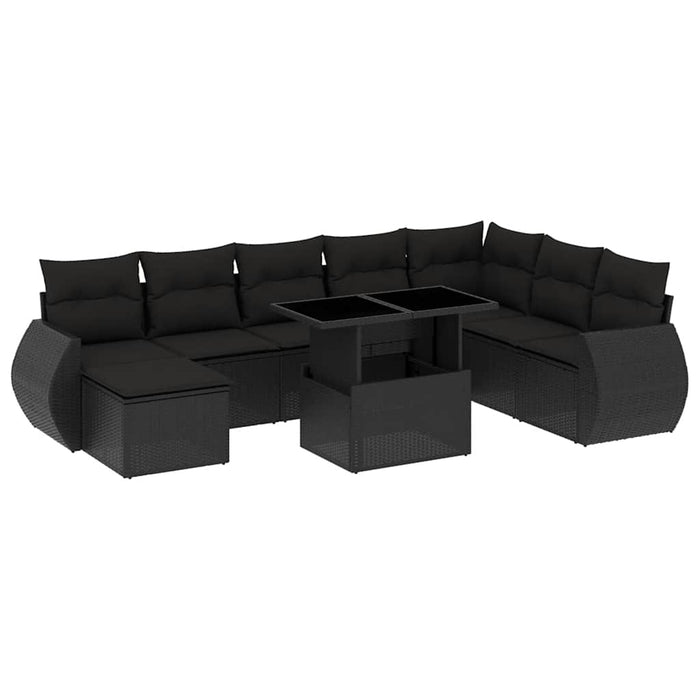 Set Divani da Giardino 9 pz con Cuscini Nero in Polyrattan