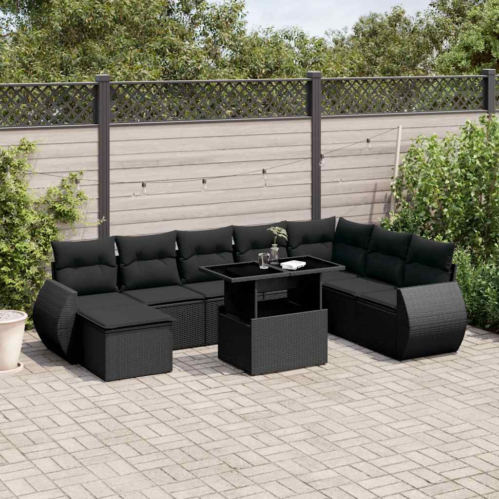 Set Divani da Giardino 9 pz con Cuscini Nero in Polyrattan