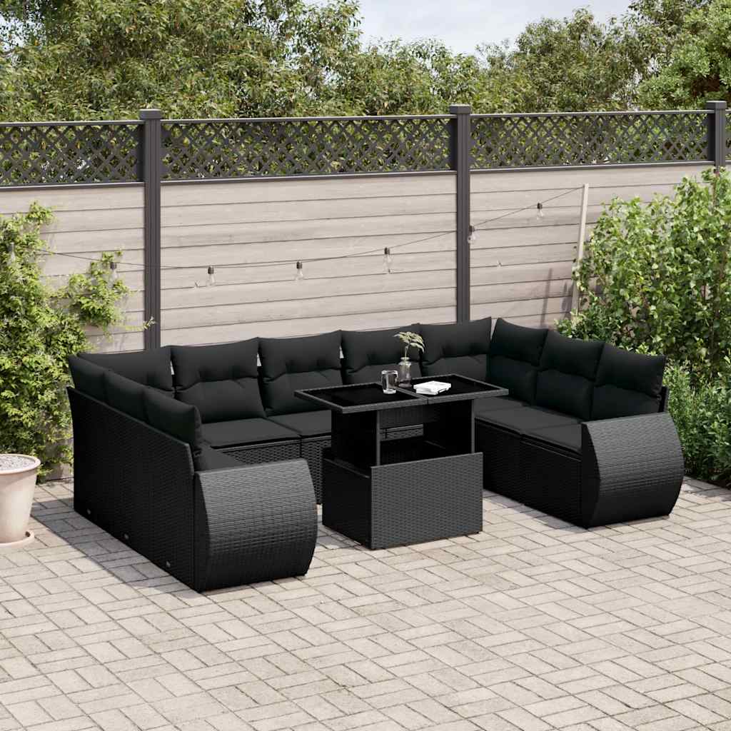 vidaXL Set Divani da Giardino 10pz con Cuscini in Polyrattan Nero