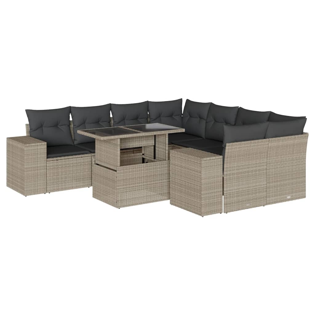 vidaXL Set Divano da Giardino 9pz con Cuscini Grigio Chiaro Polyrattan