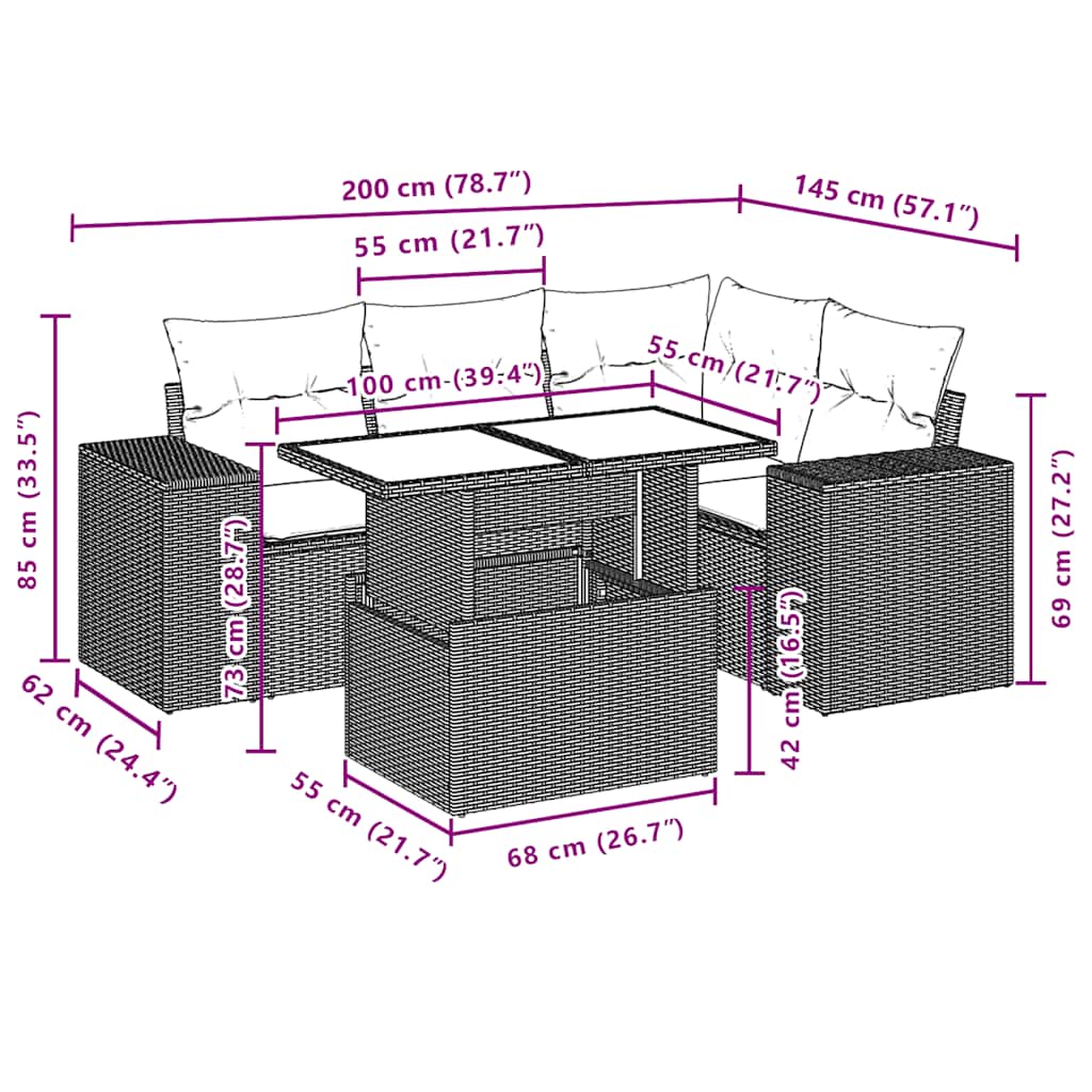 Set Divani da Giardino 5 pz con Cuscini in Polyrattan Nero 3269135