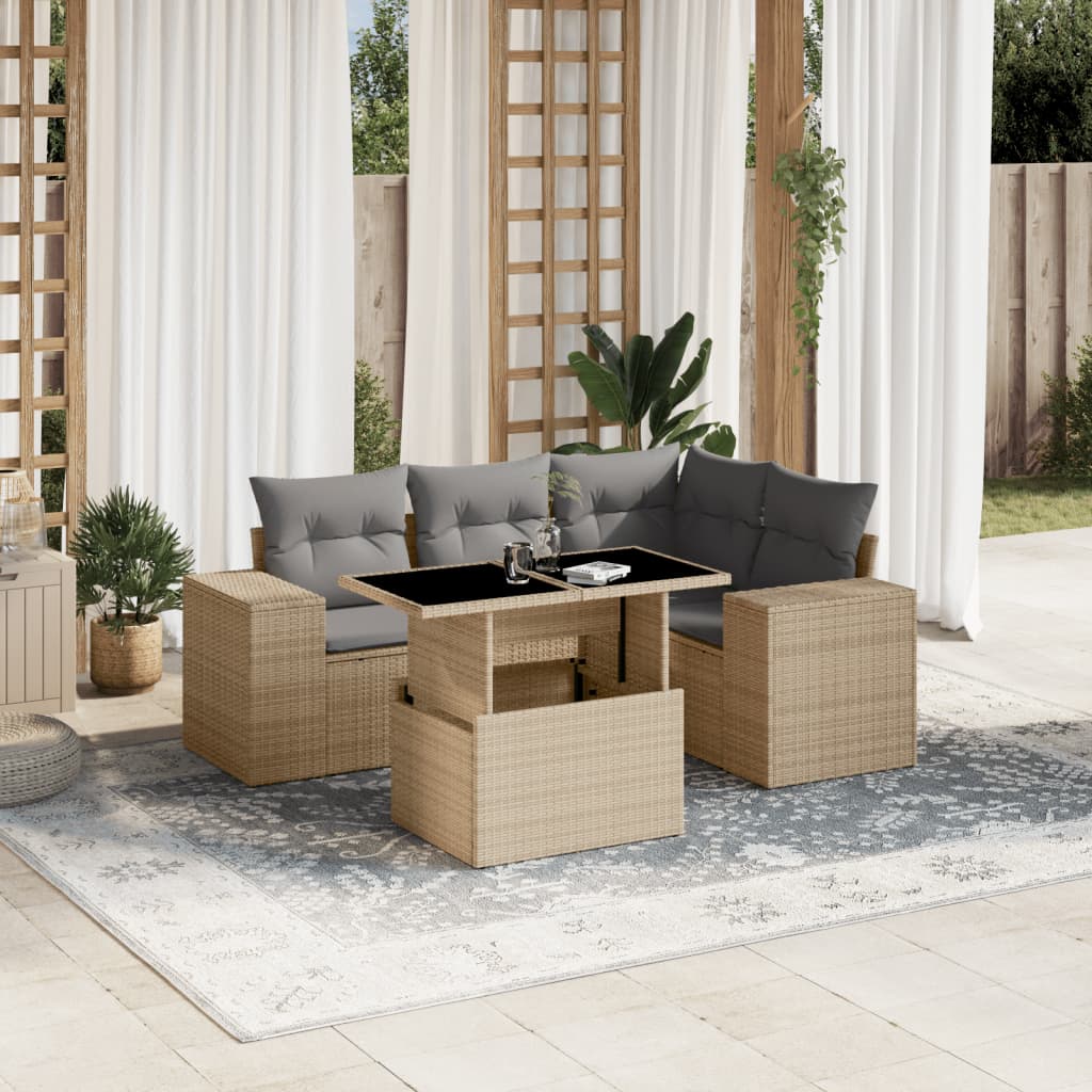 vidaXL Set Divano da Giardino 5 pz con Cuscini Beige in Polyrattan