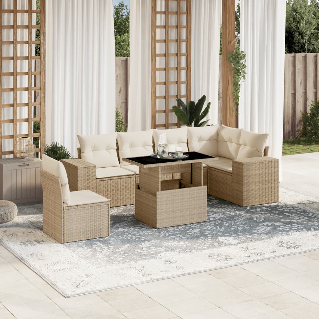 vidaXL Set Divani da Giardino 7 pz con Cuscini Beige in Polyrattan