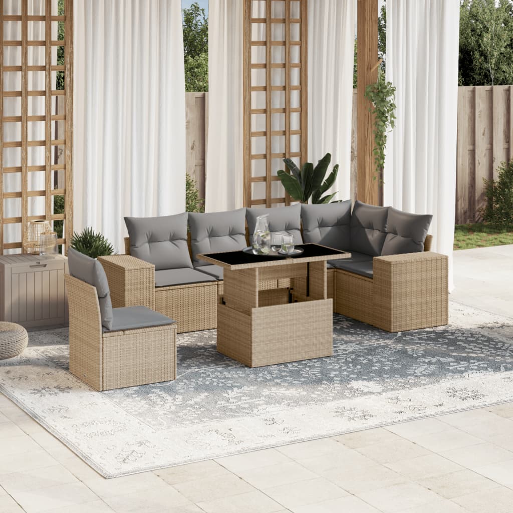 vidaXL Set Divani da Giardino 7 pz con Cuscini Beige in Polyrattan