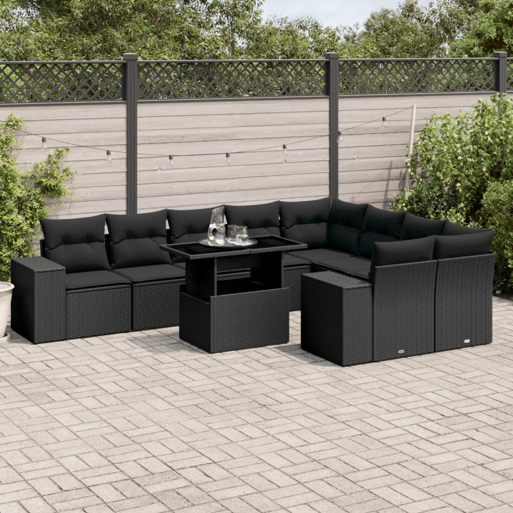 Set Divani da Giardino 10pz con Cuscini in Polyrattan Nero 3269385