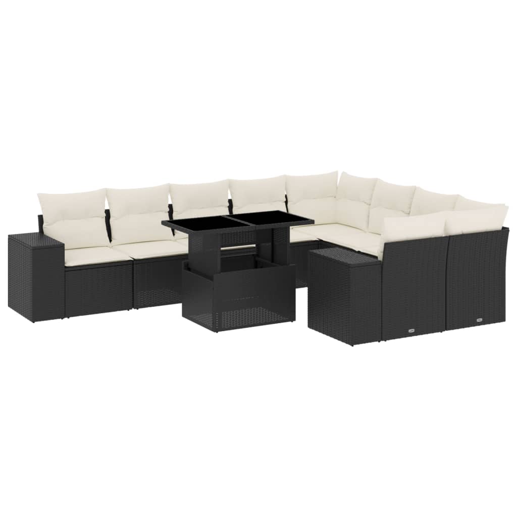 Set Divani da Giardino 10pz con Cuscini in Polyrattan Nero