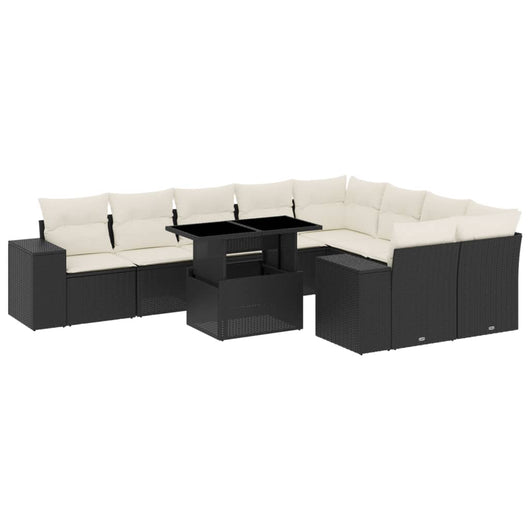 Set Divani da Giardino 10pz con Cuscini in Polyrattan Nero