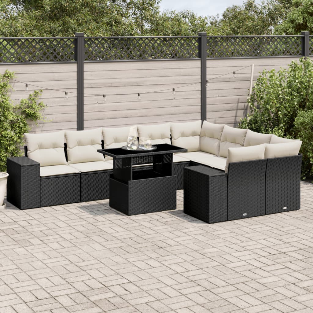 Set Divani da Giardino 10pz con Cuscini in Polyrattan Nero