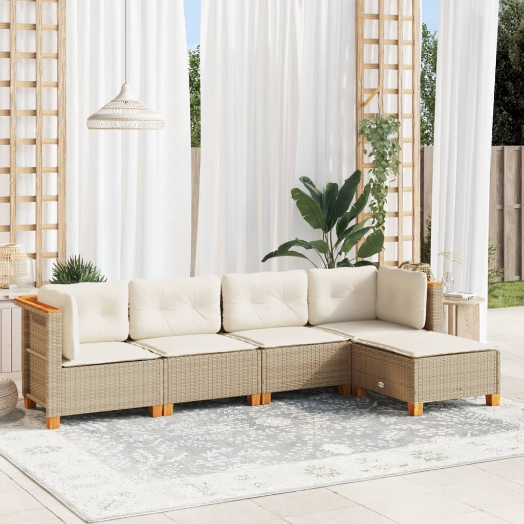 Set Divano da Giardino 5 pz con Cuscini-Sofa da Giardino-Divanetto da esterno Beige in Polyrattan 571881