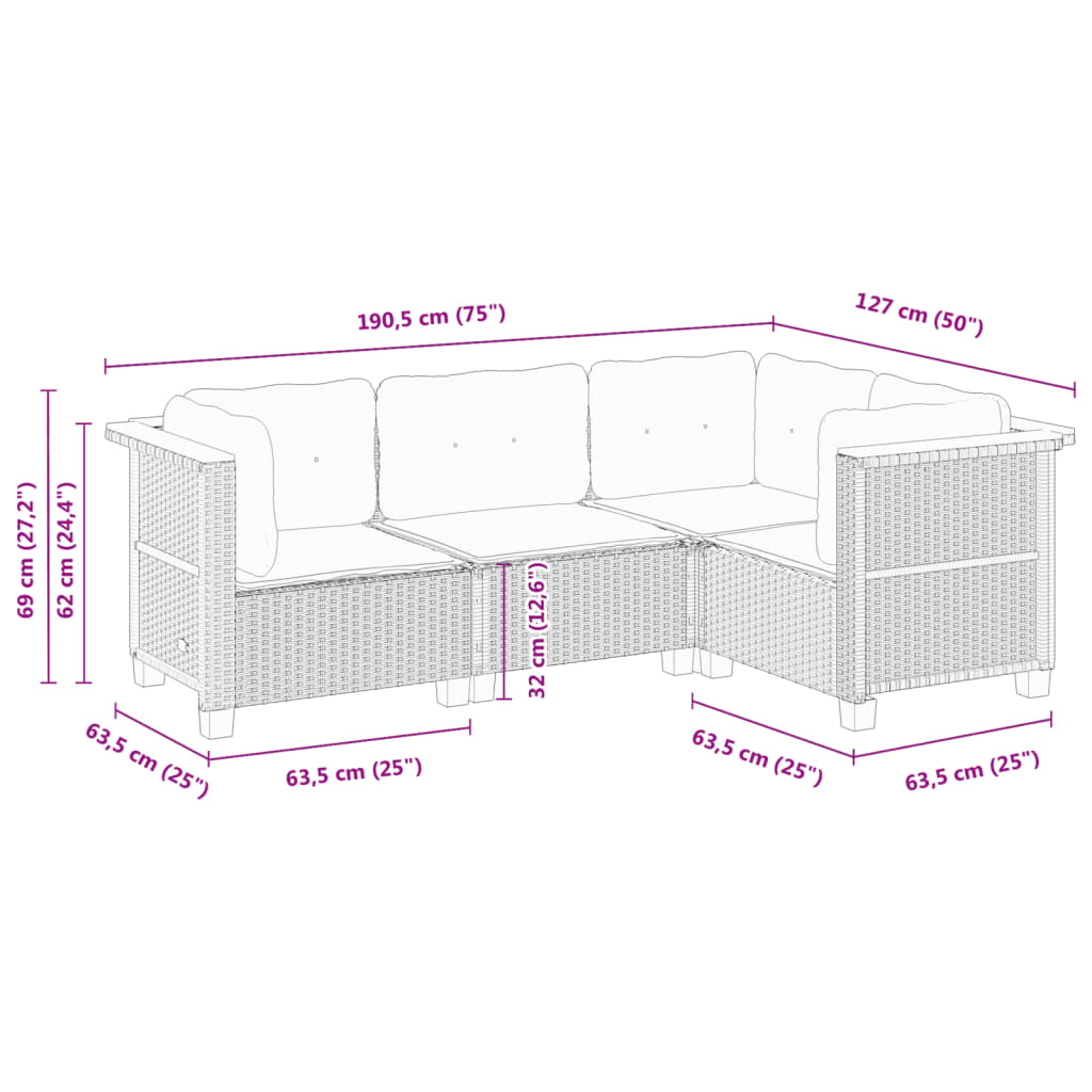 Set Divano da Giardino 4 pz con Cuscini-Sofa da Giardino-Divanetto da esterno Beige in Polyrattan 291215