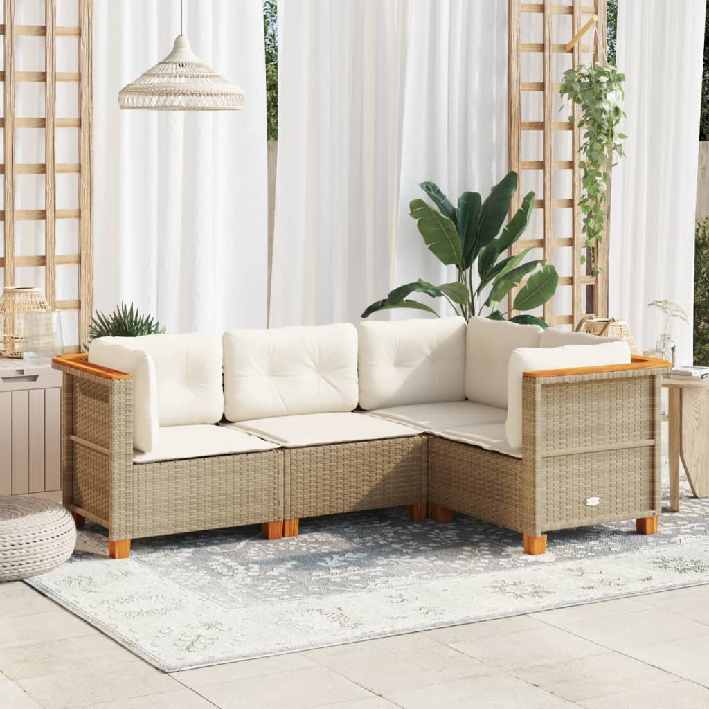 Set Divano da Giardino 4 pz con Cuscini-Sofa da Giardino-Divanetto da esterno Beige in Polyrattan 291215
