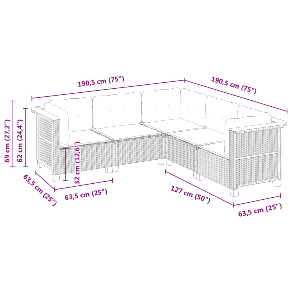 Set Divano da Giardino 5 pz con Cuscini-Sofa da Giardino-Divanetto da esterno Grigio in Polyrattan 338851