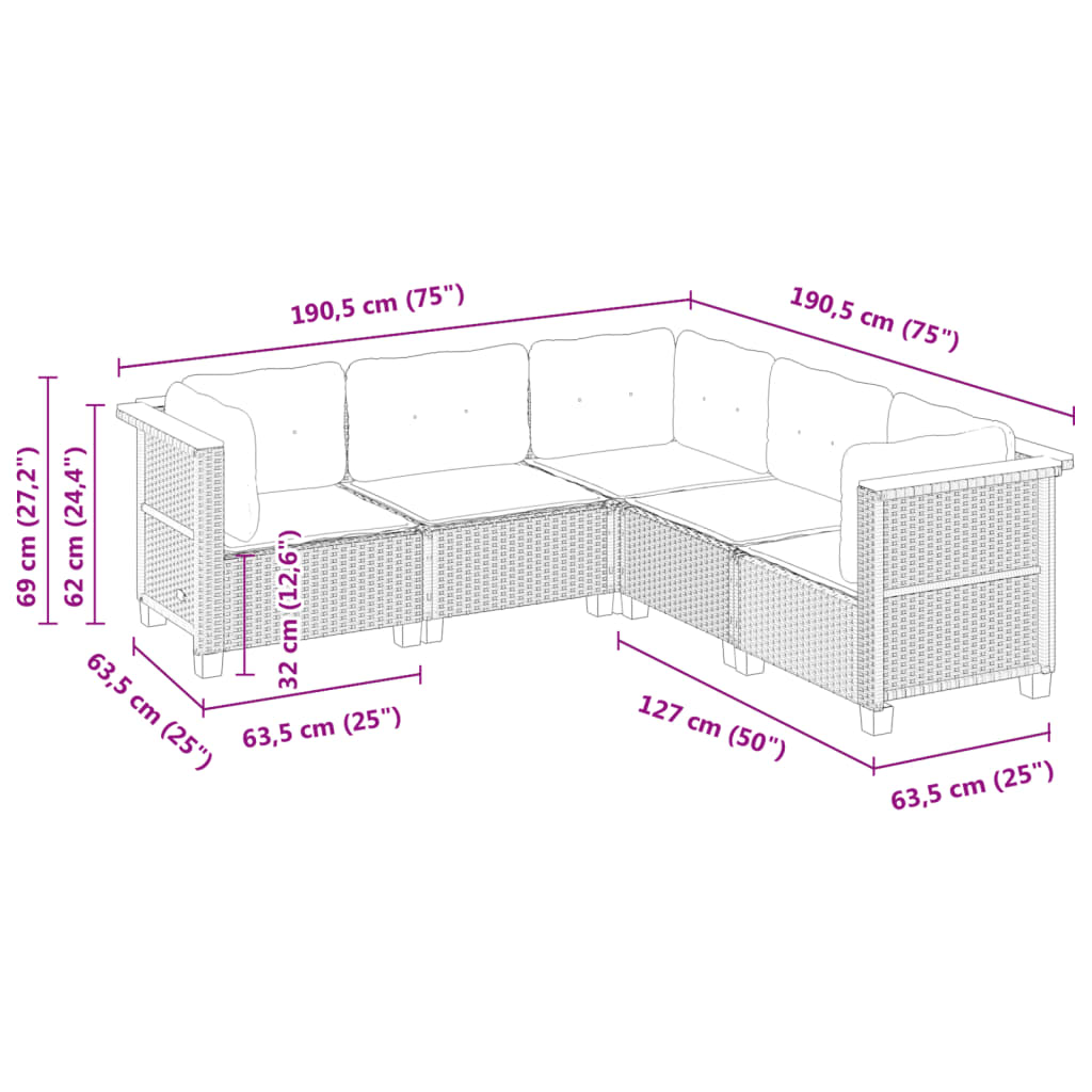 Set Divano da Giardino 5 pz con Cuscini-Sofa da Giardino-Divanetto da esterno Beige in Polyrattan 597598