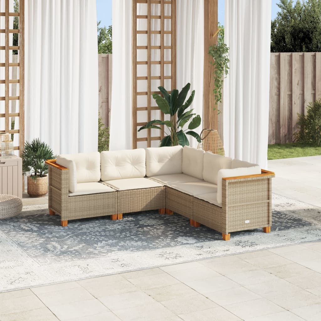 Set Divano da Giardino 5 pz con Cuscini-Sofa da Giardino-Divanetto da esterno Beige in Polyrattan 597598