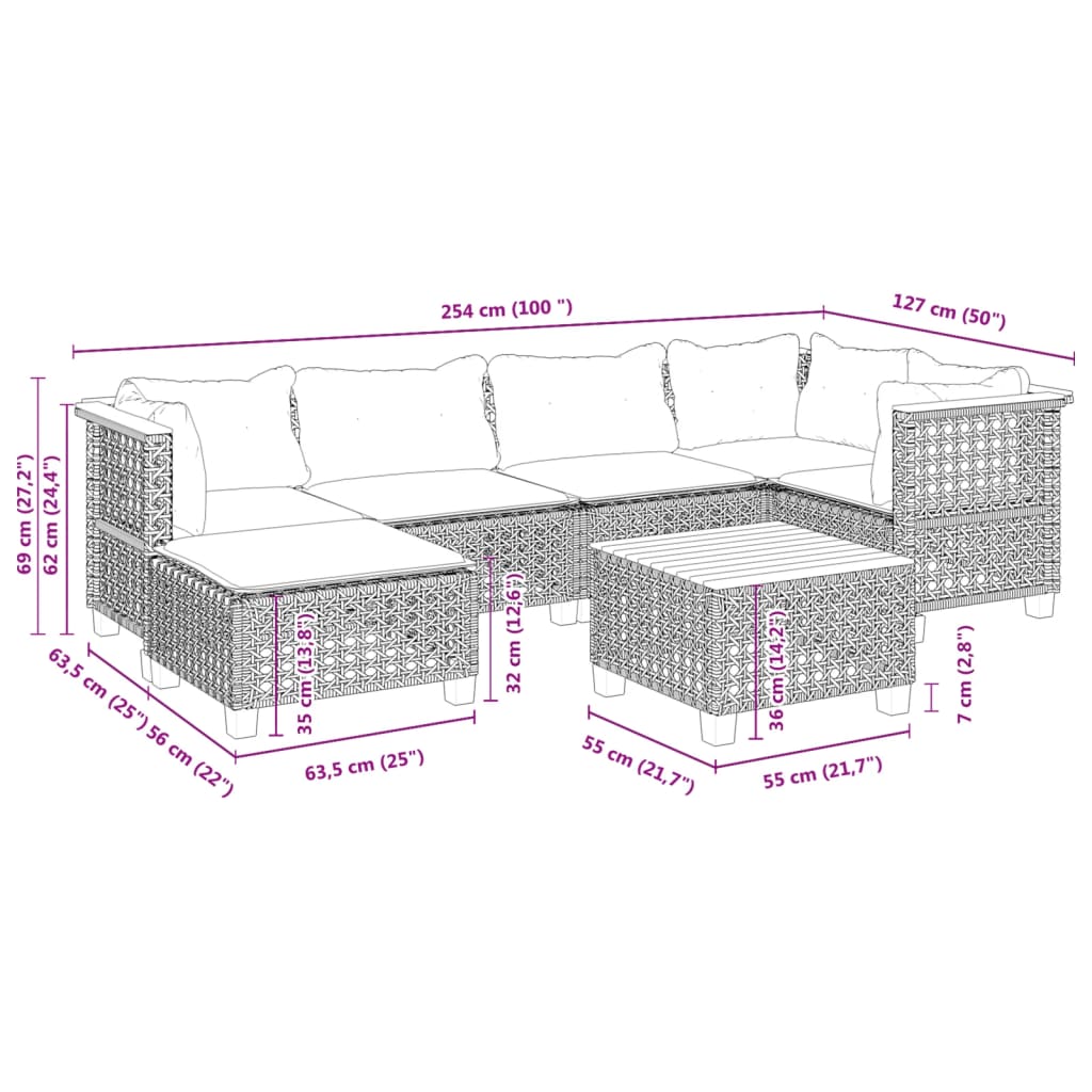 Set Divani da Giardino 7 pz con Cuscini Grigio in Polyrattan