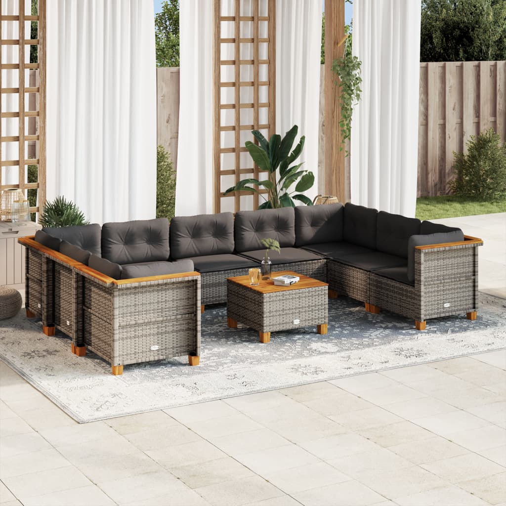 Set Divano da Giardino 10 pz con Cuscini Grigio in Polyrattan