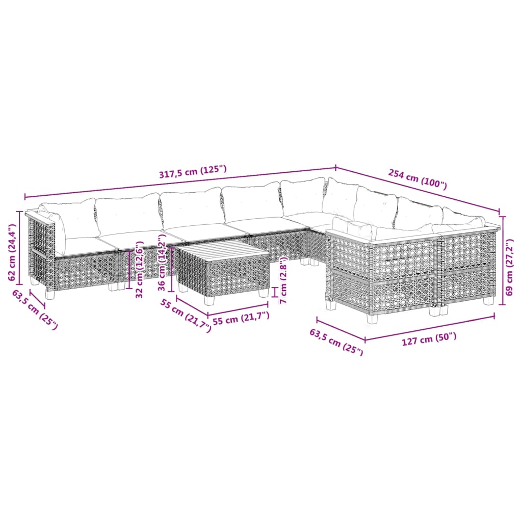 vidaXL Set Divani da Giardino 10pz con Cuscini in Polyrattan Nero