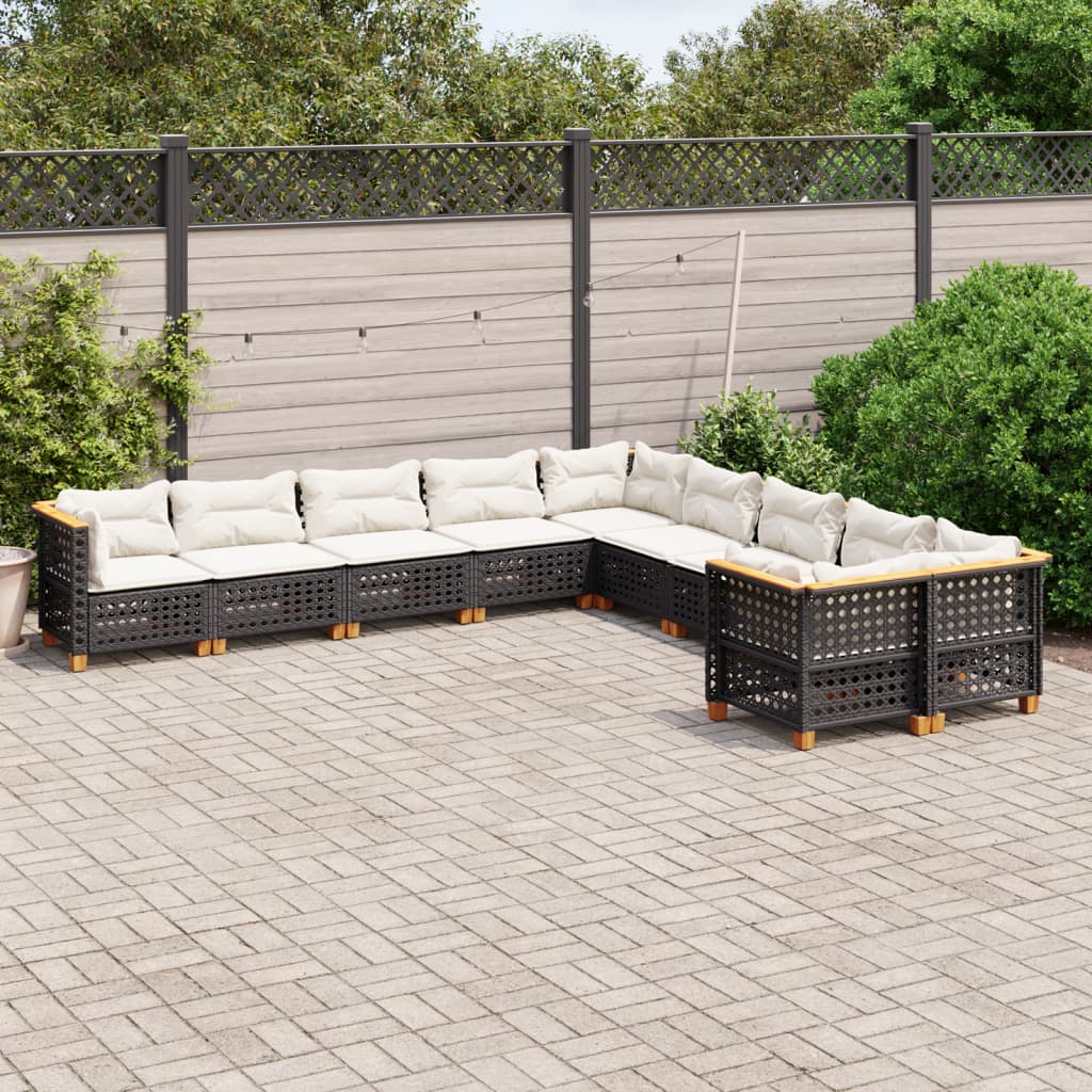 Set Divani da Giardino 10pz con Cuscini in Polyrattan Nero