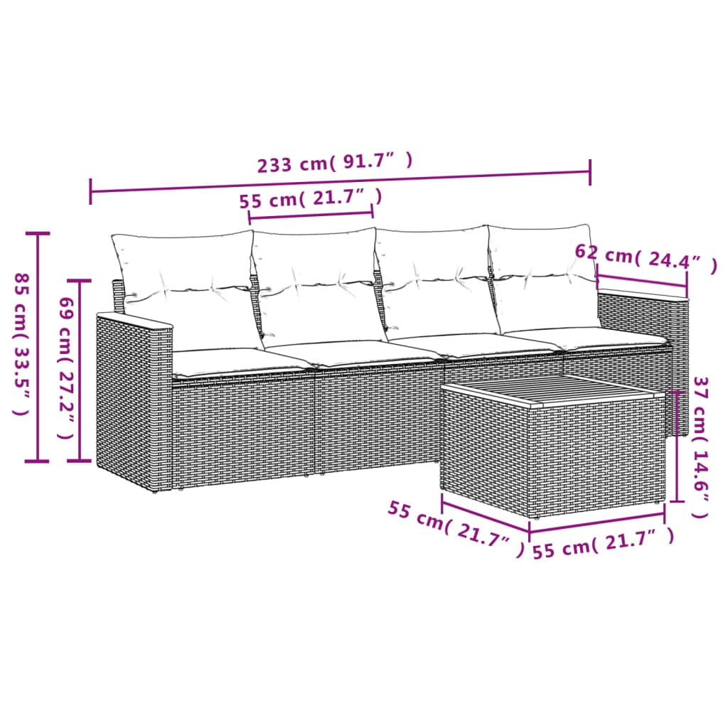 Set Divano da Giardino 5 pz con Cuscini-Sofa da Giardino-Divanetto da esterno Grigio in Polyrattan 660140