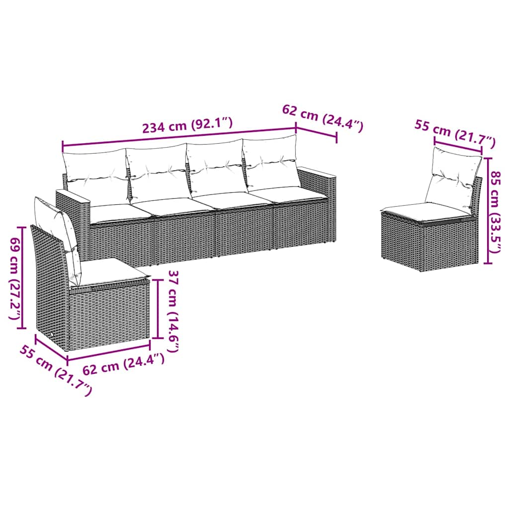 Set Divano da Giardino 6 pz con Cuscini-Sofa da Giardino-Divanetto da esterno Nero in Polyrattan 638096