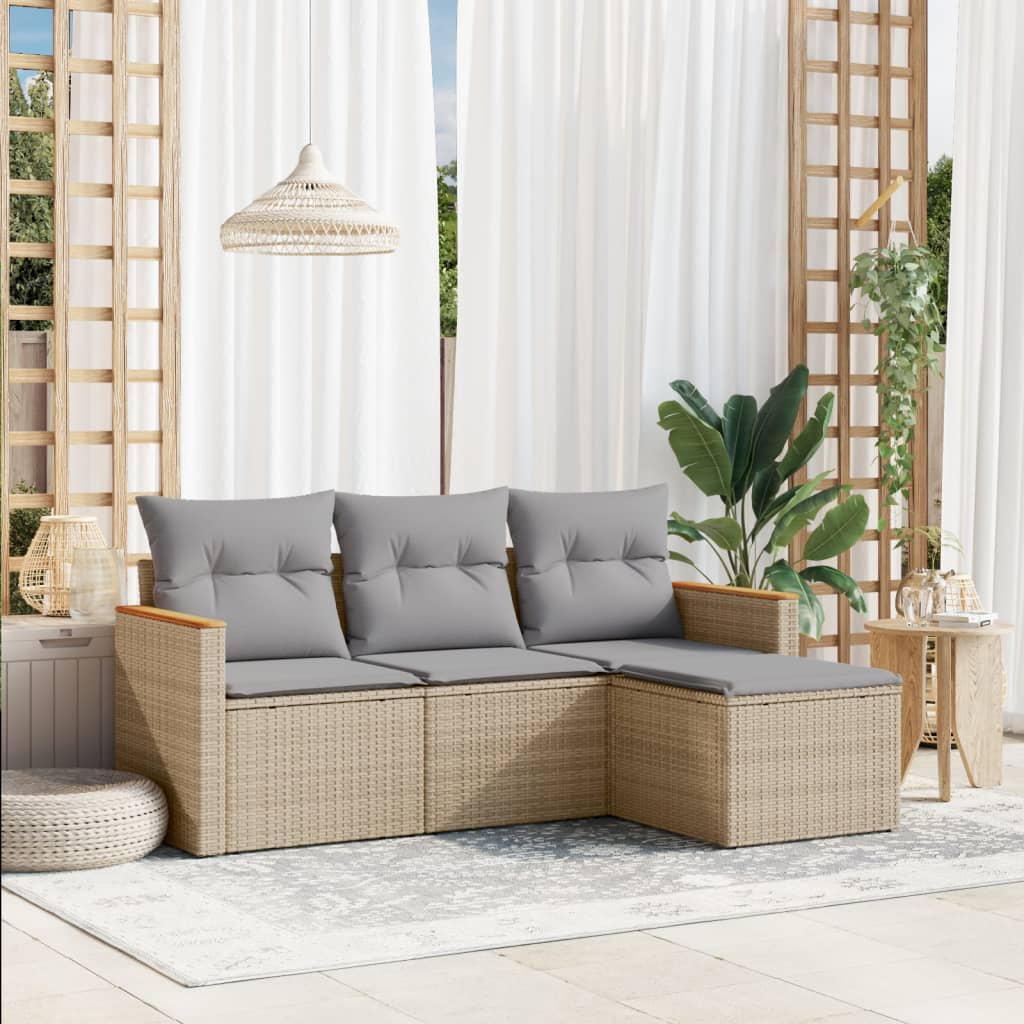 Set Divano da Giardino 4 pz con Cuscini-Sofa da Giardino-Divanetto da esterno Beige in Polyrattan 414064