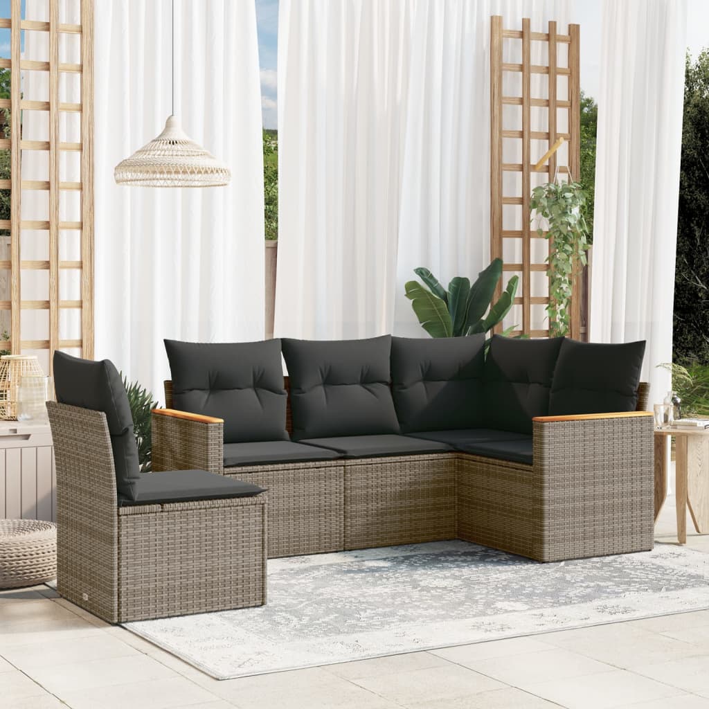 Set Divano da Giardino 5 pz con Cuscini-Sofa da Giardino-Divanetto da esterno Grigio in Polyrattan 690232