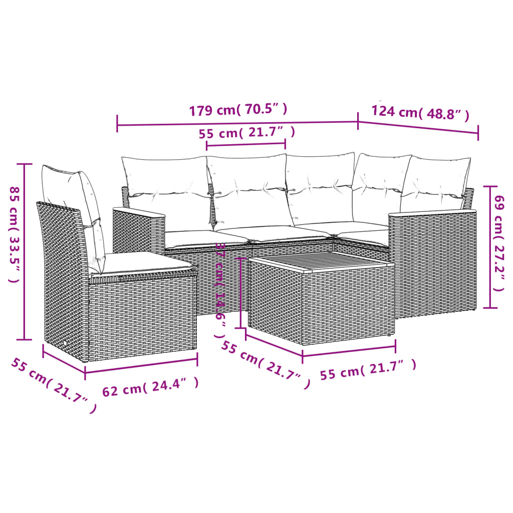 Set Divano da Giardino 6 pz con Cuscini-Sofa da Giardino-Divanetto da esterno Grigio in Polyrattan 937295