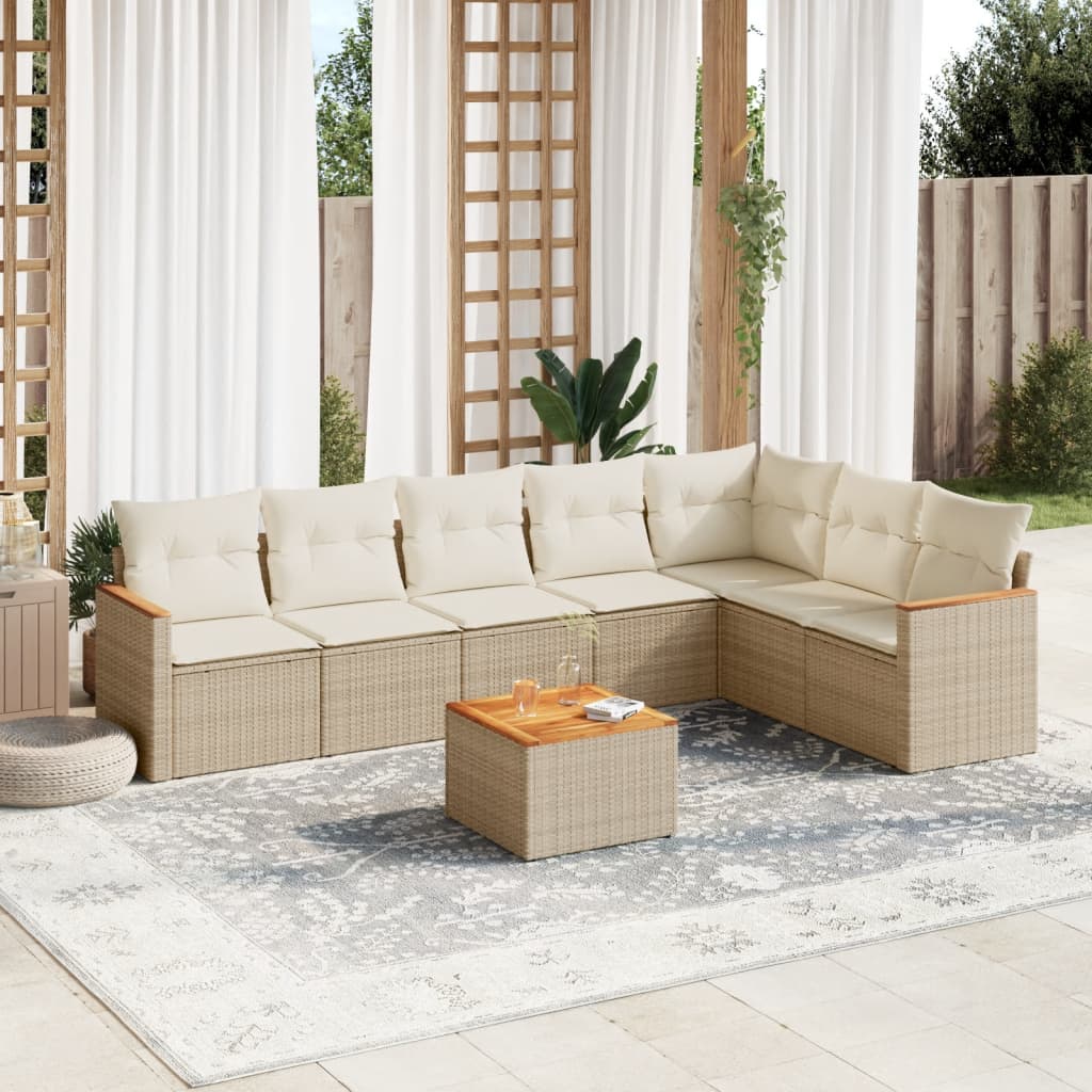 Set Divano da Giardino 8 pz con Cuscini Beige in Polyrattan