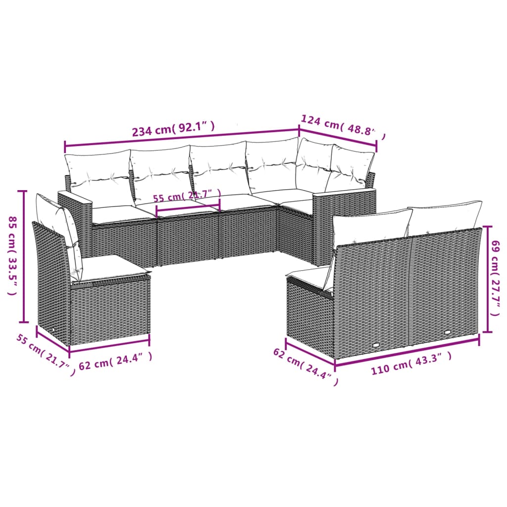 Set Divani da Giardino con Cuscini 8 pz Nero in Polyrattan 3258443