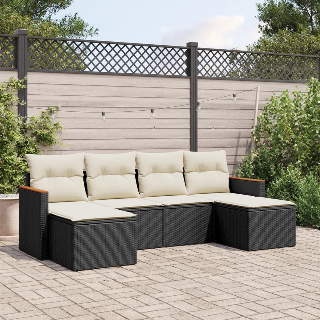 Set Divano da Giardino 6 pz con Cuscini-Sofa da Giardino-Divanetto da esterno Nero in Polyrattan 323484