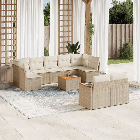 Set Divano da Giardino 10 pz con Cuscini Beige in Polyrattan