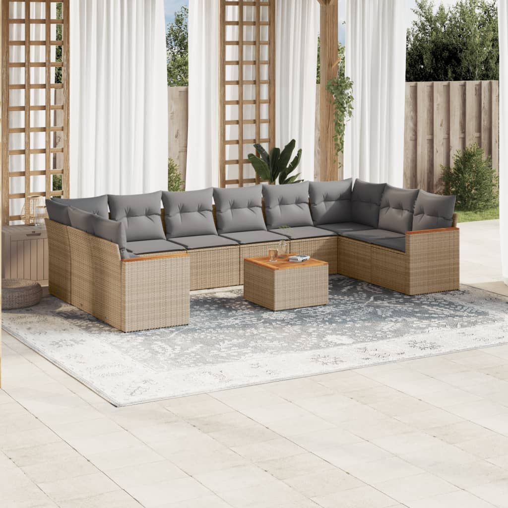 Set Divani da Giardino 11 pz con Cuscini Beige in Polyrattan