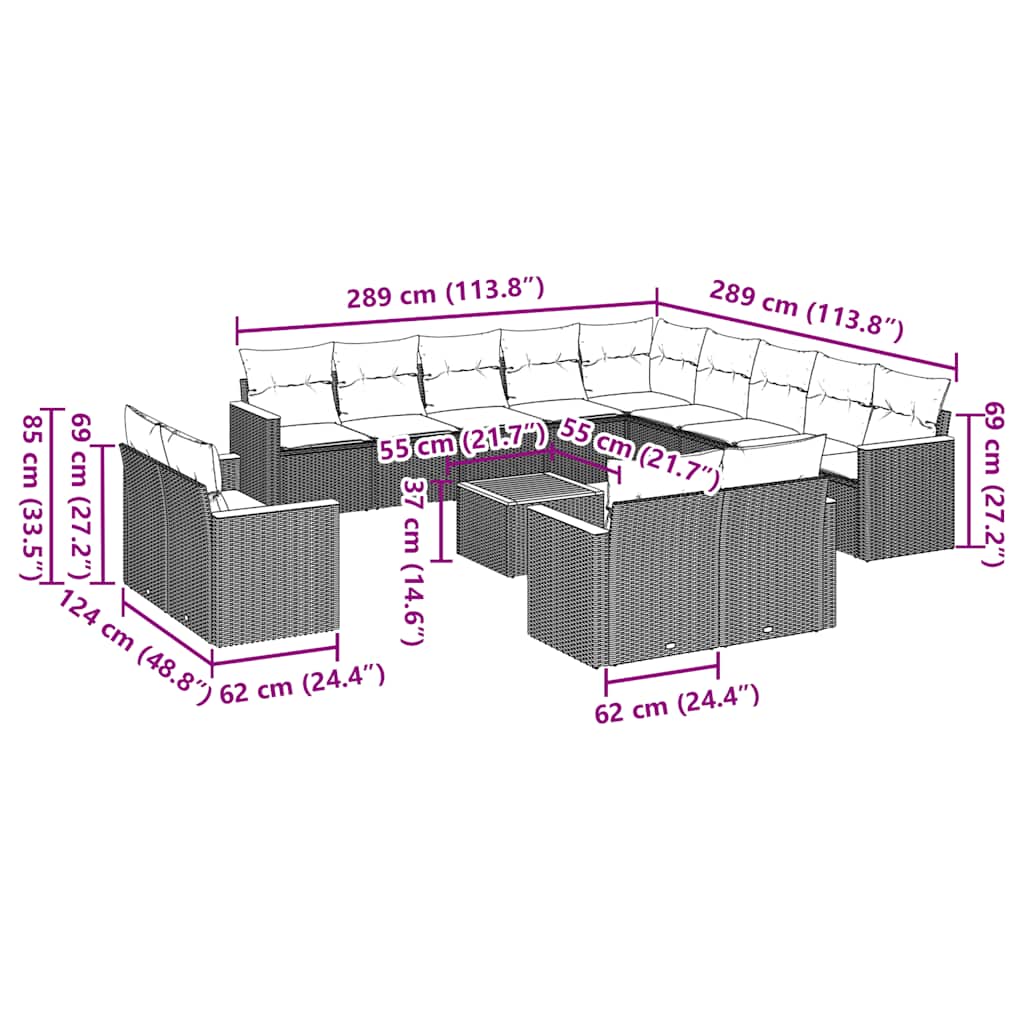 Set Divani da Giardino 14pz con Cuscini in Polyrattan Nero