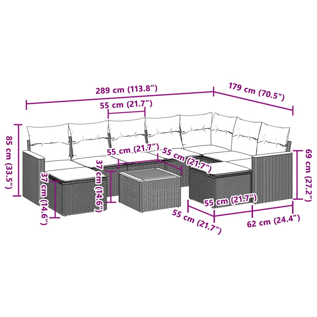 Set Divani da Giardino 10pz con Cuscini in Polyrattan Nerocod mxl 88547