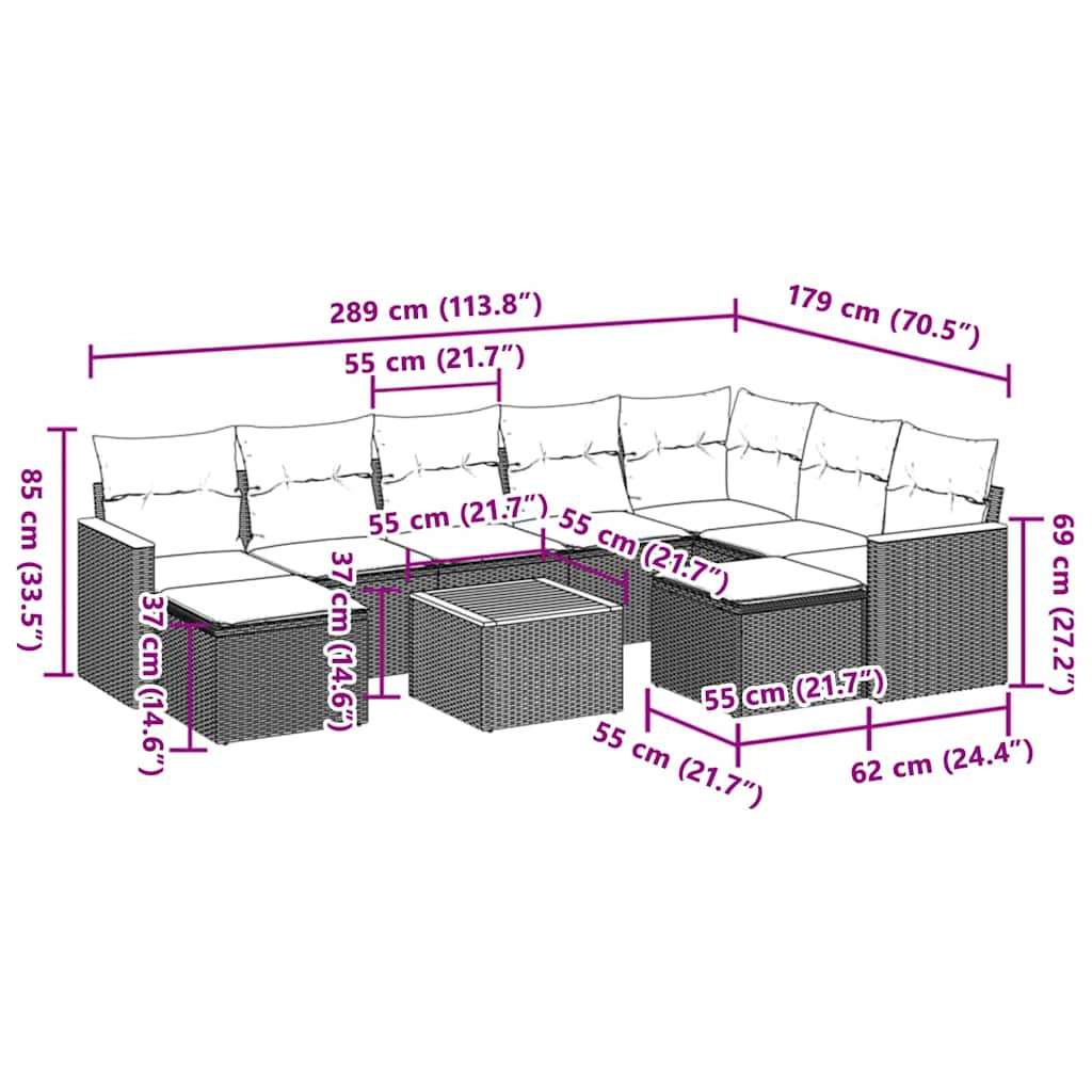 Set Divano da Giardino 10 pz con Cuscini Grigio in Polyrattan 3258952