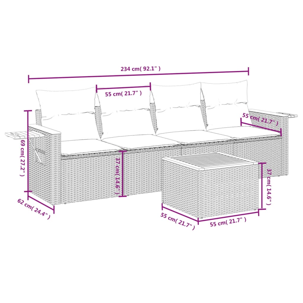 Set Divano da Giardino 5 pz con Cuscini Grigio in Polyrattan