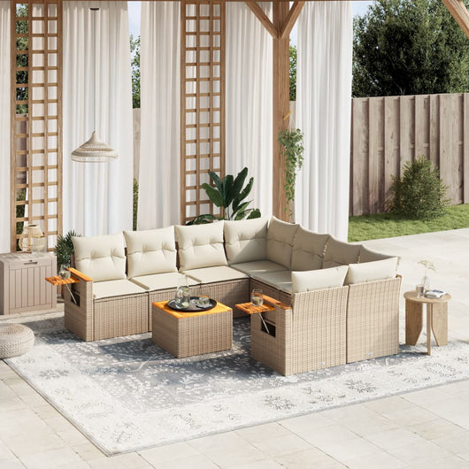 Set Divano da Giardino 9 pz con Cuscini Beige in Polyrattan