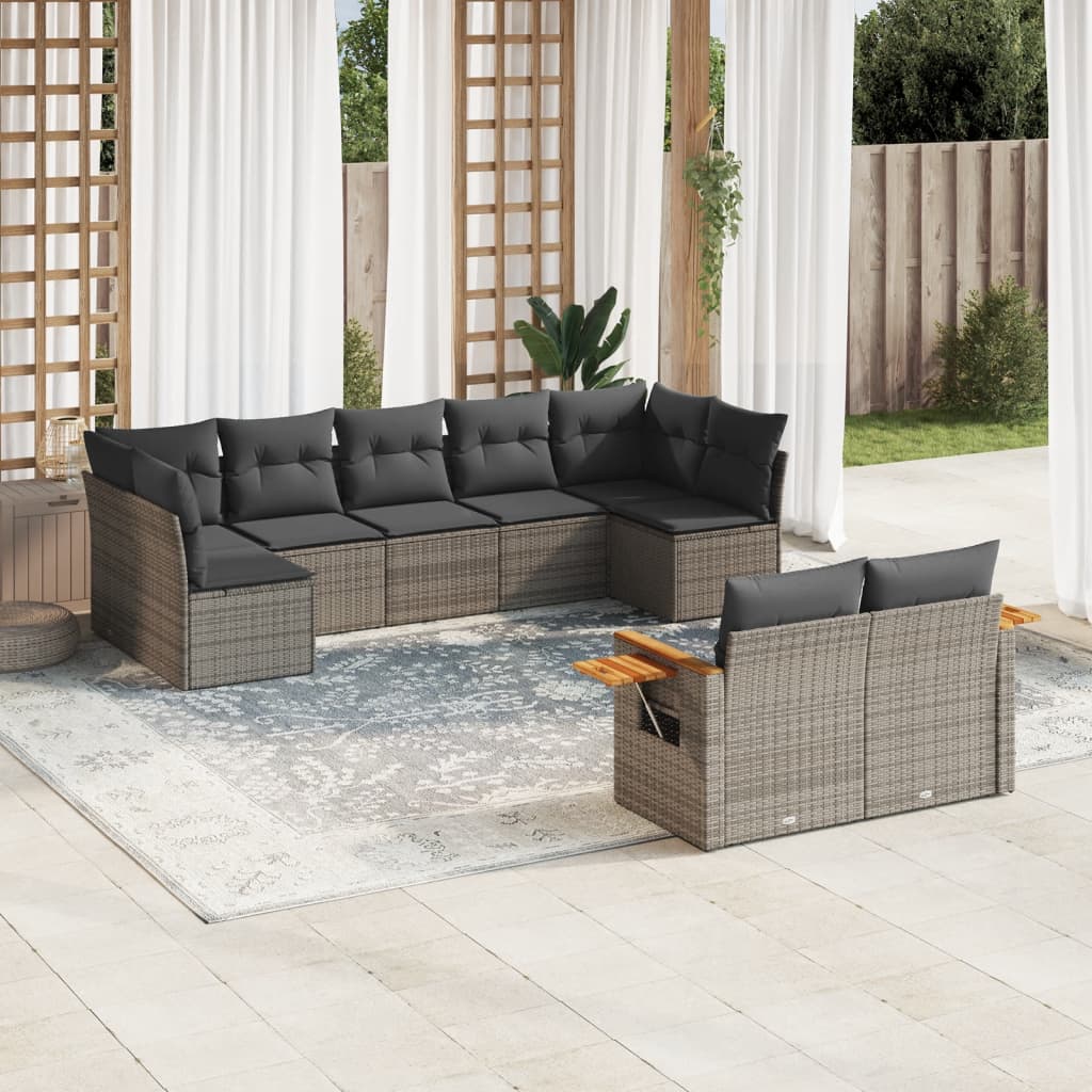 Set Divano da Giardino 9 pz con Cuscini Grigio in Polyrattan