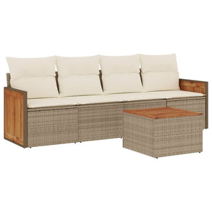 Set Divano da Giardino 5 pz con Cuscini Beige in Polyrattan