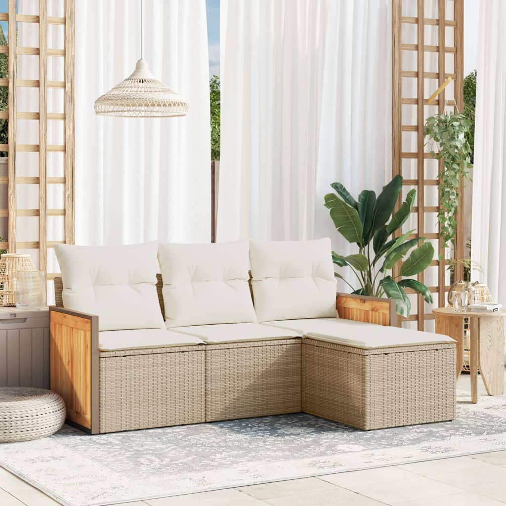 Set Divano da Giardino 4 pz con Cuscini-Sofa da Giardino-Divanetto da esterno Beige in Polyrattan 714792