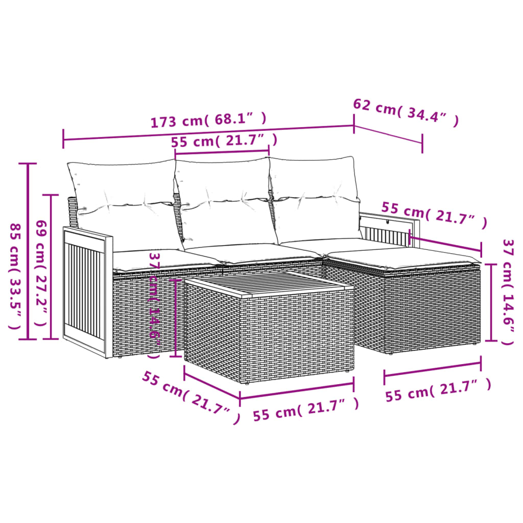 Set Divano da Giardino 5 pz con Cuscini-Sofa da Giardino-Divanetto da esterno Grigio in Polyrattan 671645