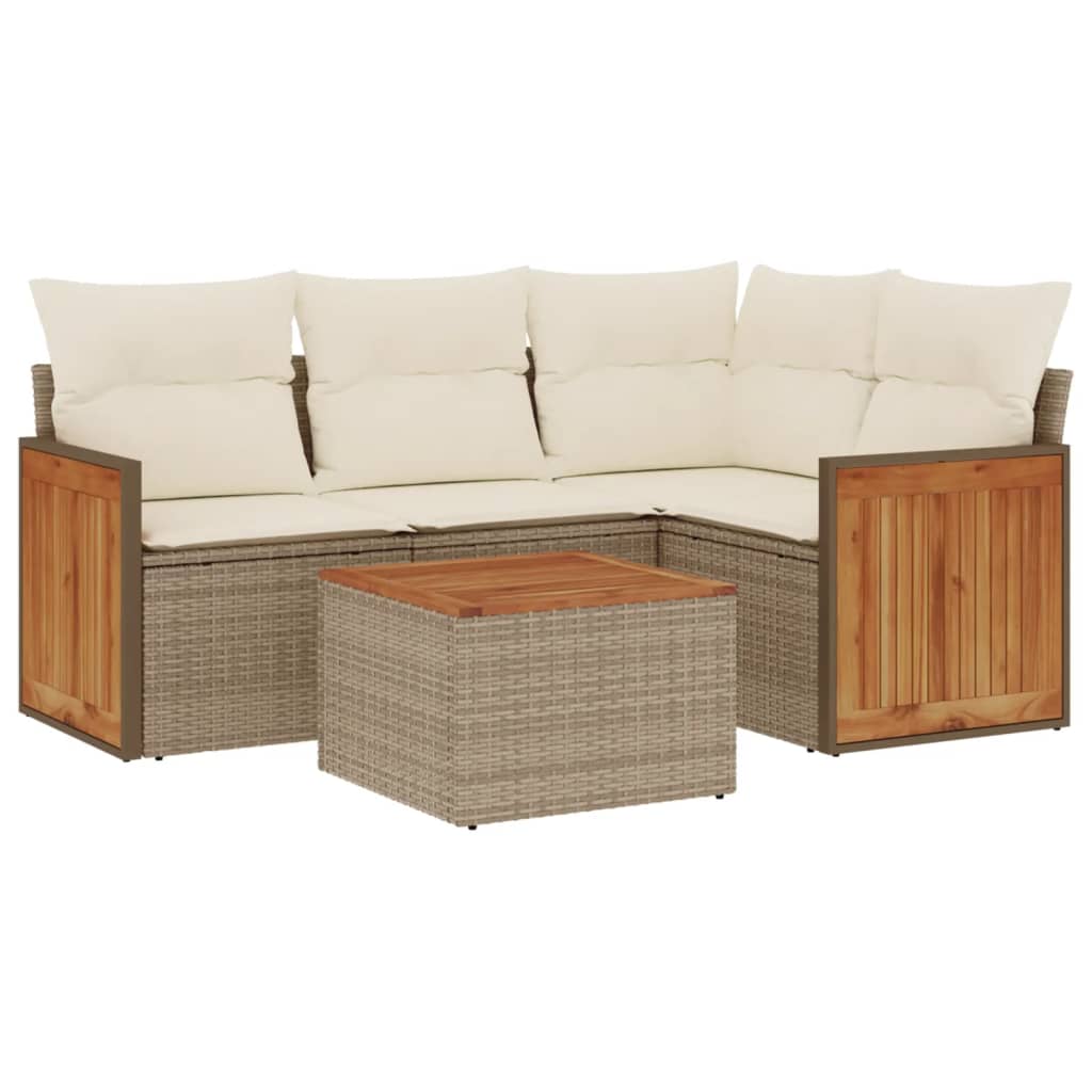 Set Divano da Giardino 5 pz con Cuscini Beige in Polyrattan