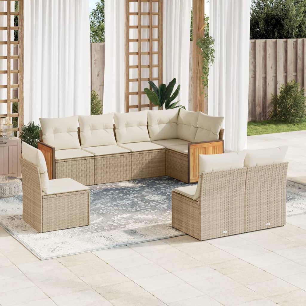 Set Divano da Giardino 8 pz con Cuscini Beige in Polyrattan