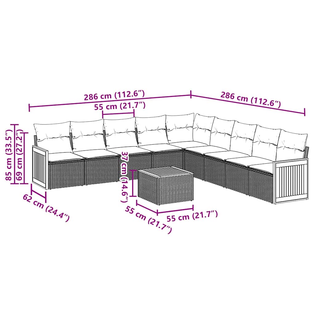 Set Divani da Giardino 10pz con Cuscini in Polyrattan Nero