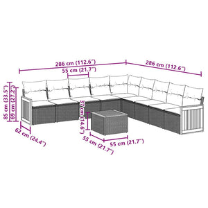 Set Divani da Giardino 10pz con Cuscini in Polyrattan Nero