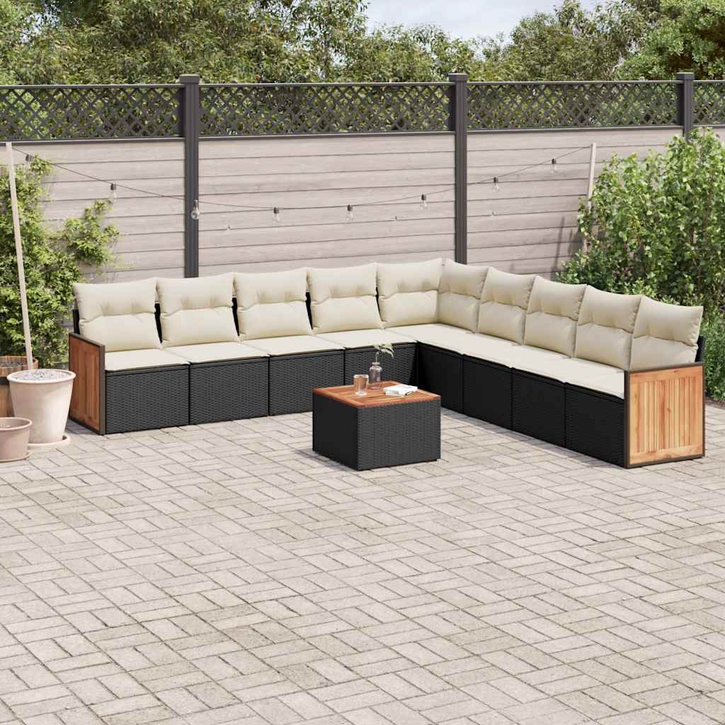 Set Divani da Giardino 10pz con Cuscini in Polyrattan Nero