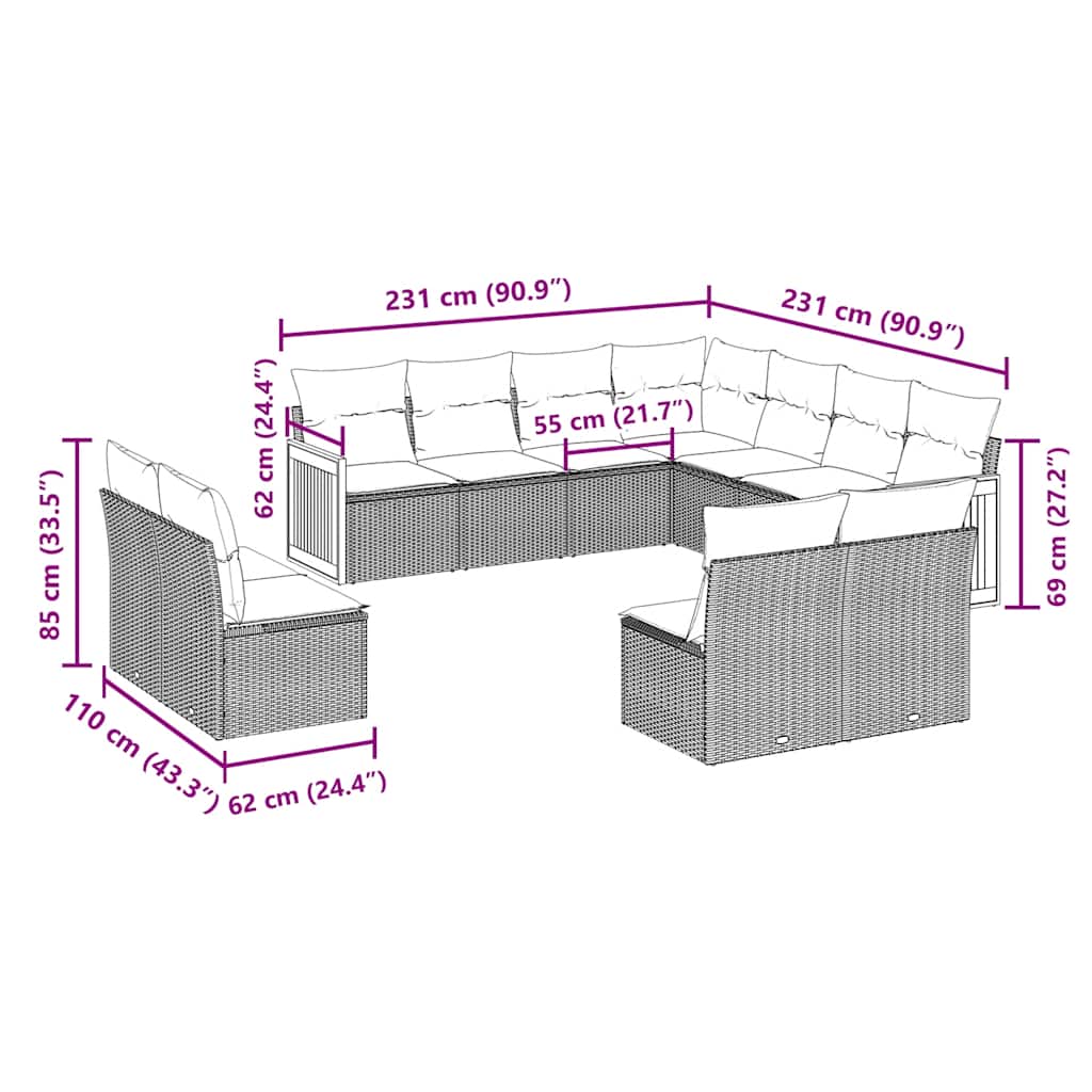 vidaXL Set Divani da Giardino 11 pz con Cuscini in Polyrattan Nero
